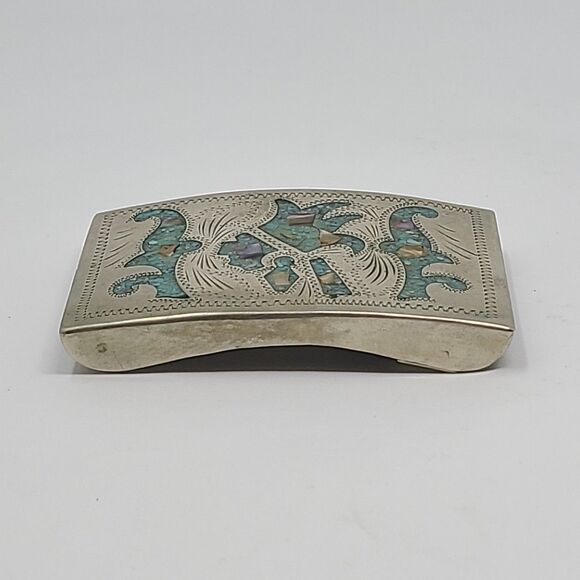 Alpaca Mexico Vintage Handcrafted Silver Belt Buckle With Abalone Turquois Inlay - Picture 5 of 6